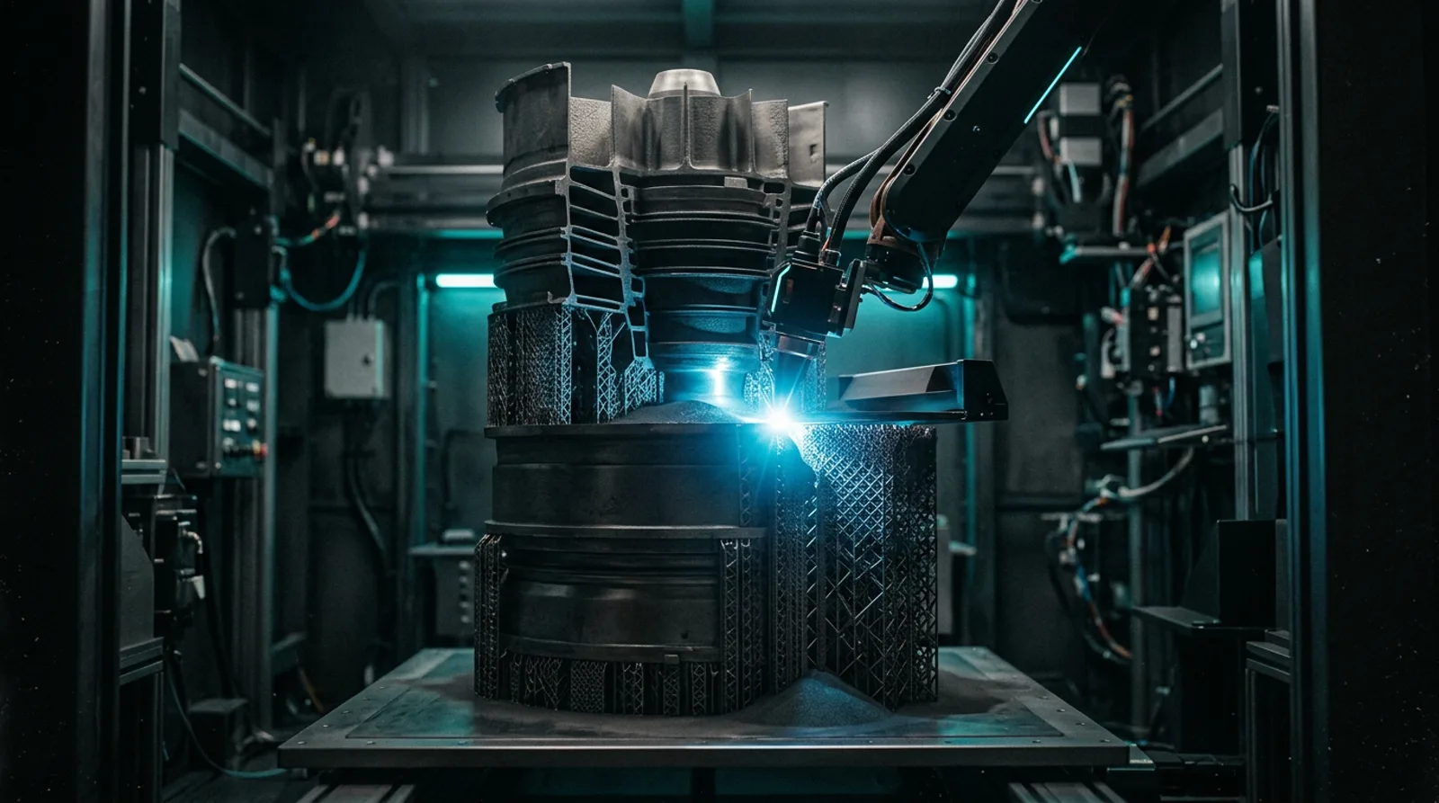 Large jet turbine engine being additively manufactured from metal powder