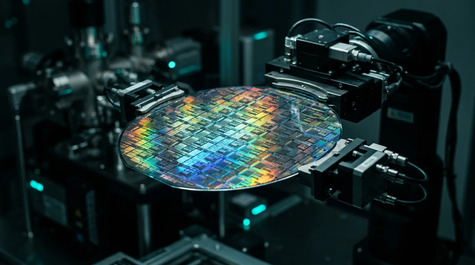 Silicon wafer with intricate circuitry in a semiconductor cleanroom