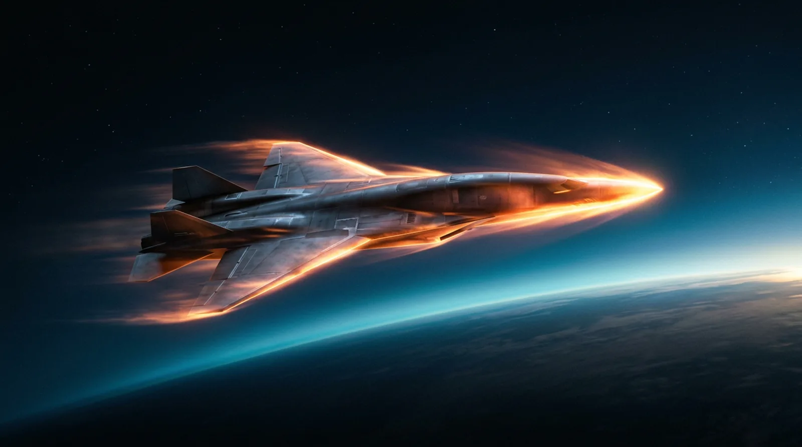 Hypersonic aircraft in high-altitude flight with plasma heat glow along its edges