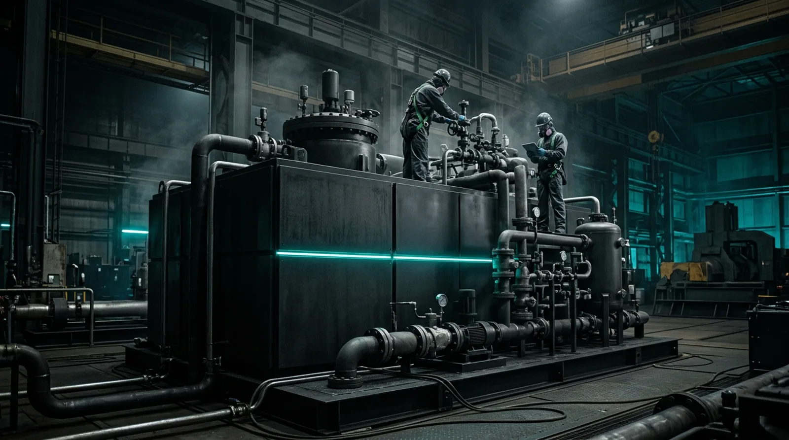 Engineers working on large modular mineral-processing equipment in an advanced materials laboratory