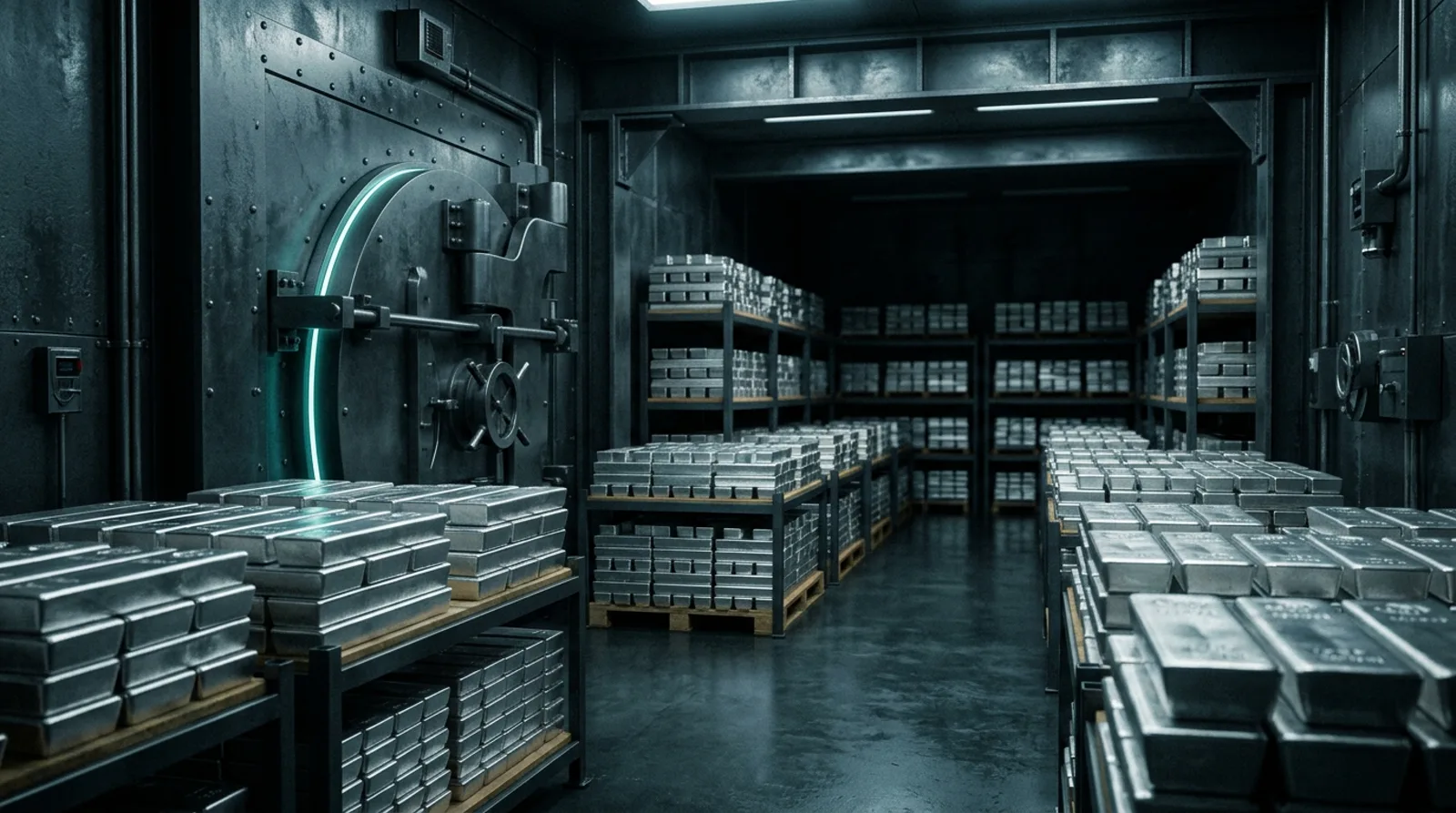 Secure vault stacked with silver bullion