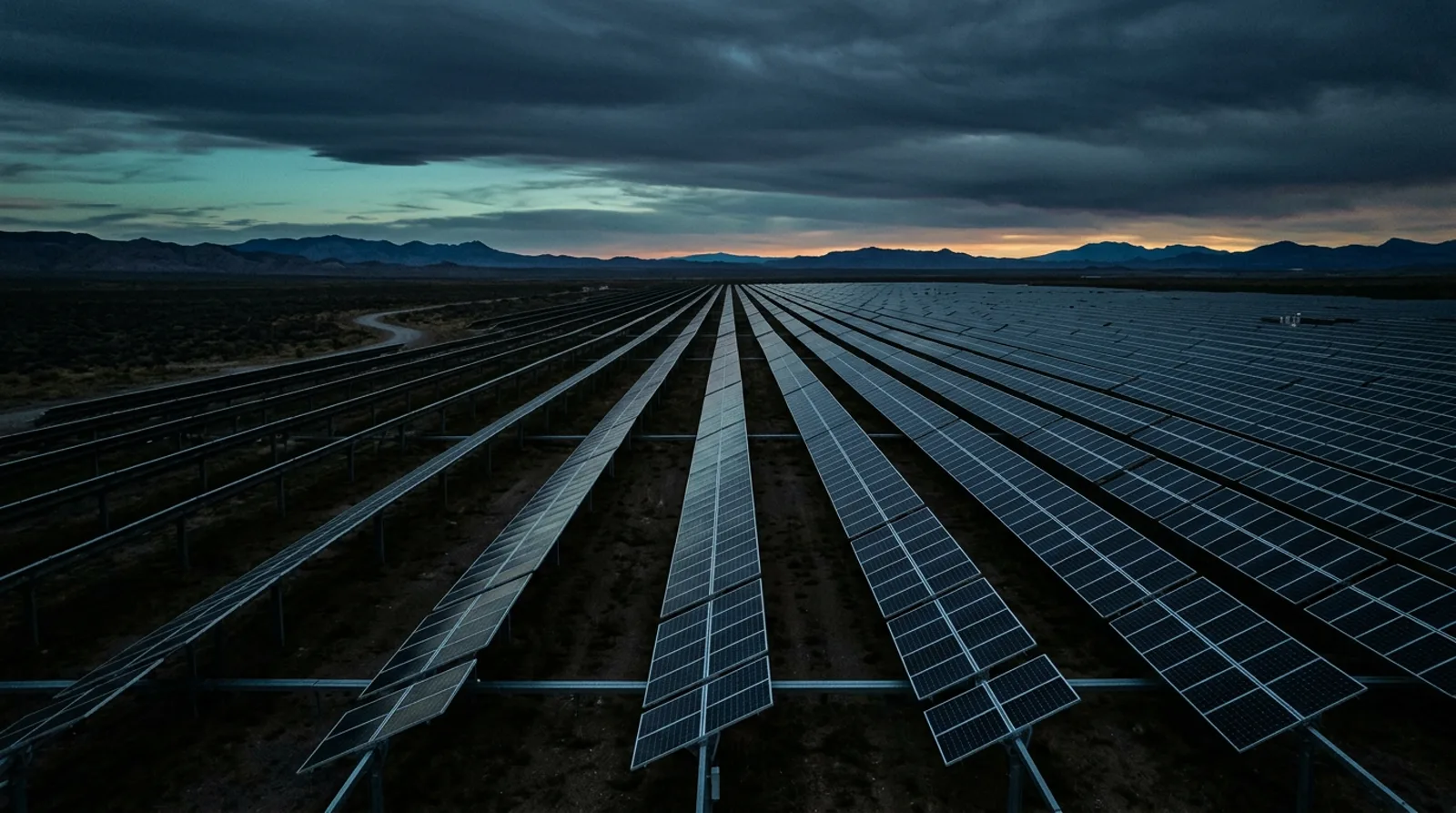 Vast solar photovoltaic array at dusk